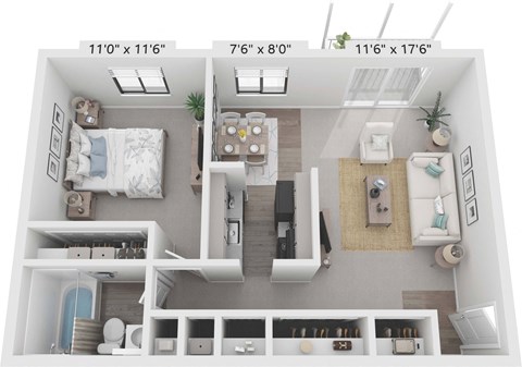 Floor plan for 1 bed, 1 bath, 600 sqft